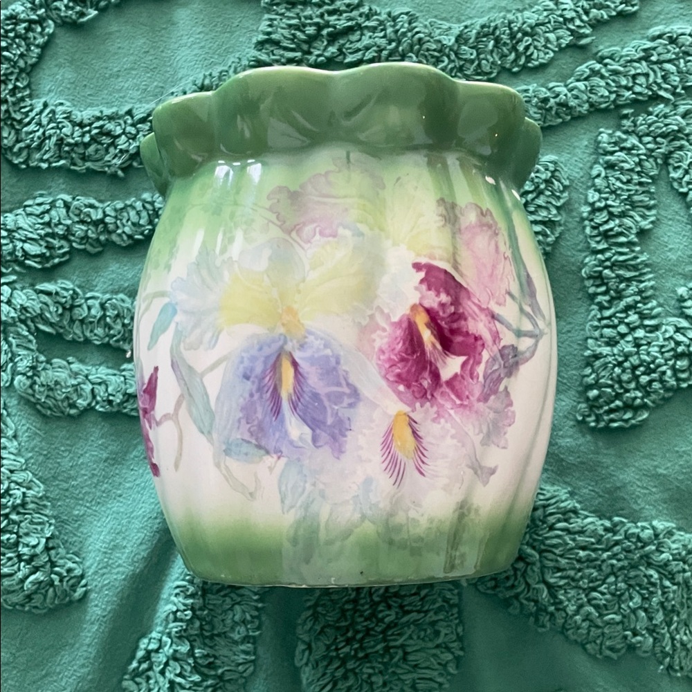 Antique Green and Floral Ceramic Vase - Decorative Home Accent
